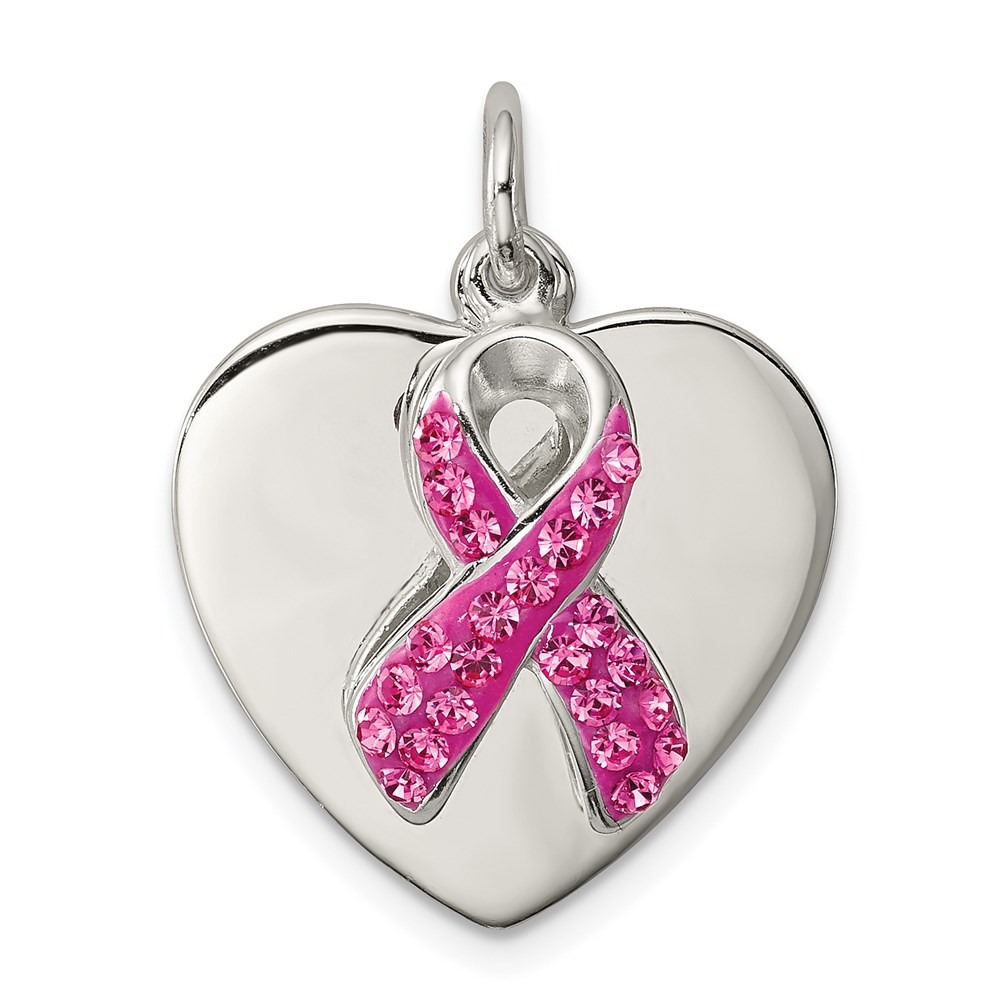 Sterling Silver Stellux Pink Awareness Ribbon w/ Heart Pendant