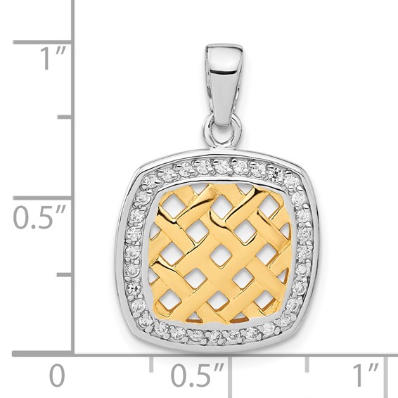 Sterling Silver & Gold-plated CZ Woven Square Pendant