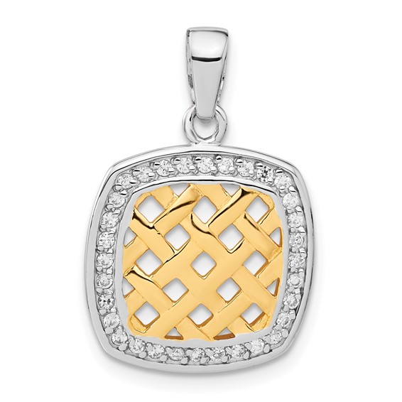 Sterling Silver & Gold-plated CZ Woven Square Pendant