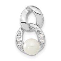 Sterling Silver Rhodium-plated White Simulated Pearl & CZ Pendant view 1