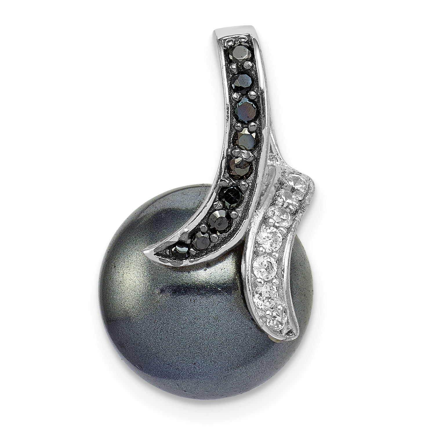 Sterling Silver Rhod-plated Blk/Wht CZ Blk Imitation Shell Pearl Pendant (QP2728)
