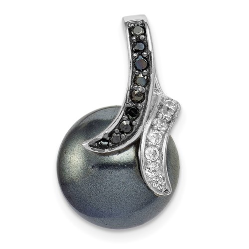 Sterling Silver Rhodium-plated Black and White CZ and Black 12-13mm Imitation Shell Pearl Pendant