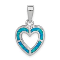 Sterling Silver Rhodium-plated Blue Inlay Created Opal Heart Pendant view 1