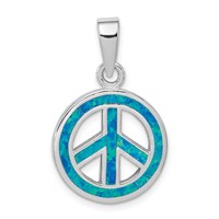 Sterling Silver Rhodium-plated Blue Inlay Created Opal Peace Sign Pendant view 1