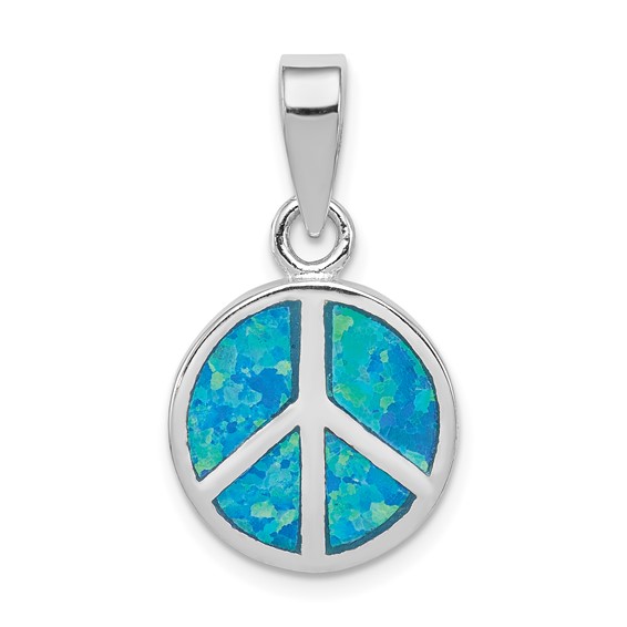 Sterling Silver Rhodium-plated Blue Inlay Created Opal Peace Sign Pendant