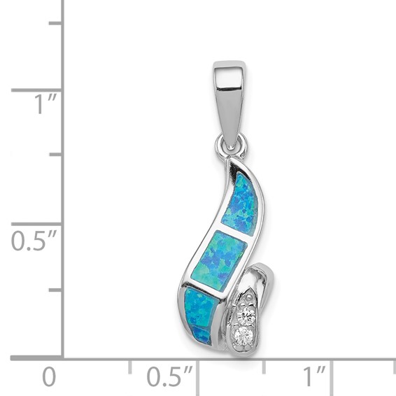 Sterling Silver Rhod-plated CZ Blue Inlay Created Opal Twisted Pendant