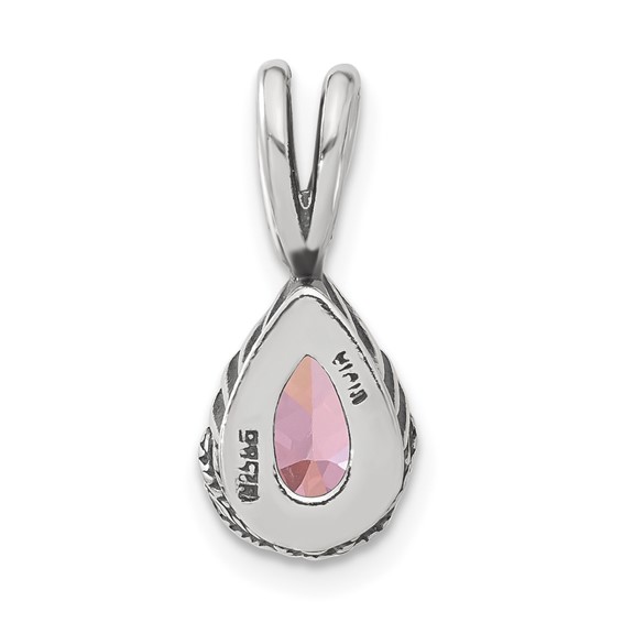 Sterling Silver Antiqued Pink Teardrop CZ Pendant