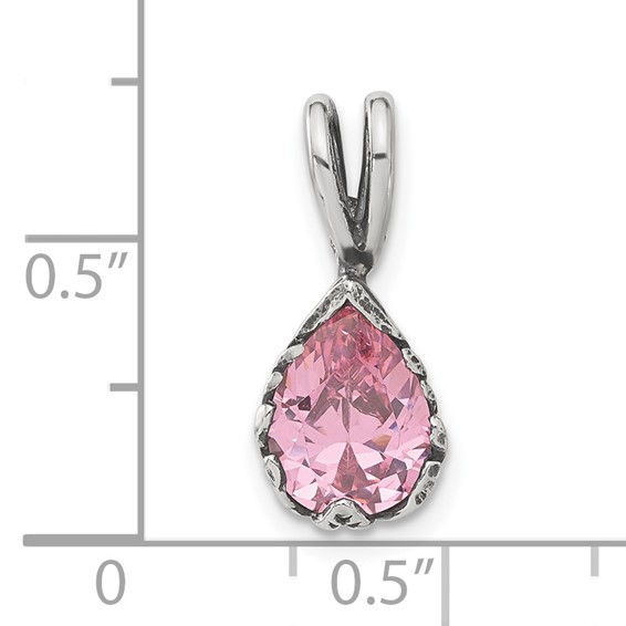 Sterling Silver Antiqued Pink Teardrop CZ Pendant