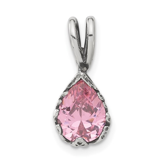 Sterling Silver Antiqued Pink Teardrop CZ Pendant