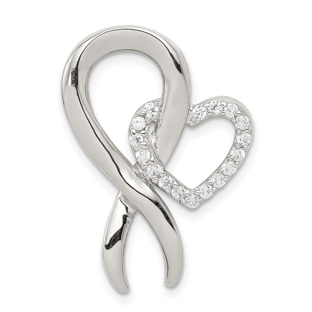 Sterling Silver Rhodium-plated CZ Heart and Awareness Ribbon Chain Slide