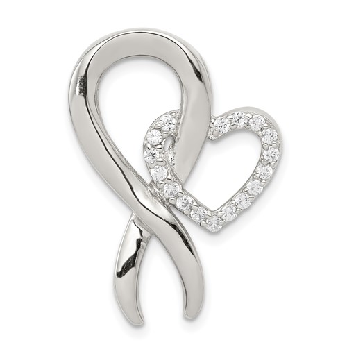 Sterling Silver Rhodium-plated CZ Heart and Awareness Ribbon Chain Slide