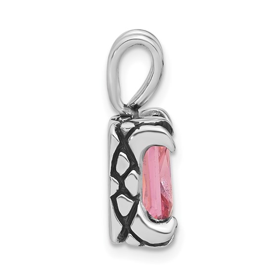 Sterling Silver Antiqued Emerald Shaped Pink CZ Pendant