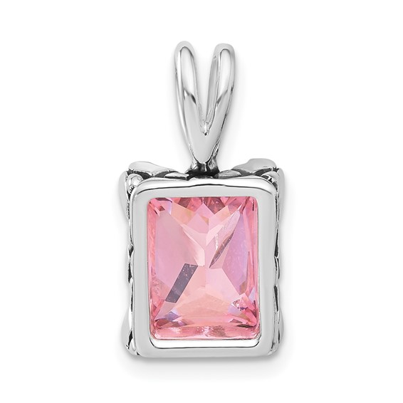 Sterling Silver Antiqued Emerald Shaped Pink CZ Pendant
