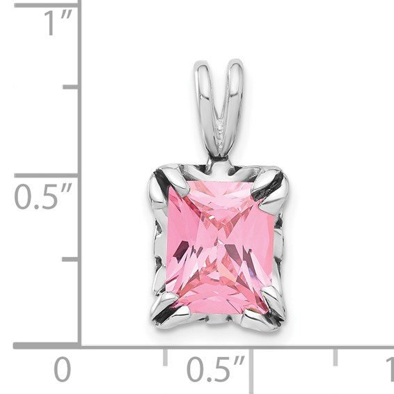 Sterling Silver Antiqued Emerald Shaped Pink CZ Pendant