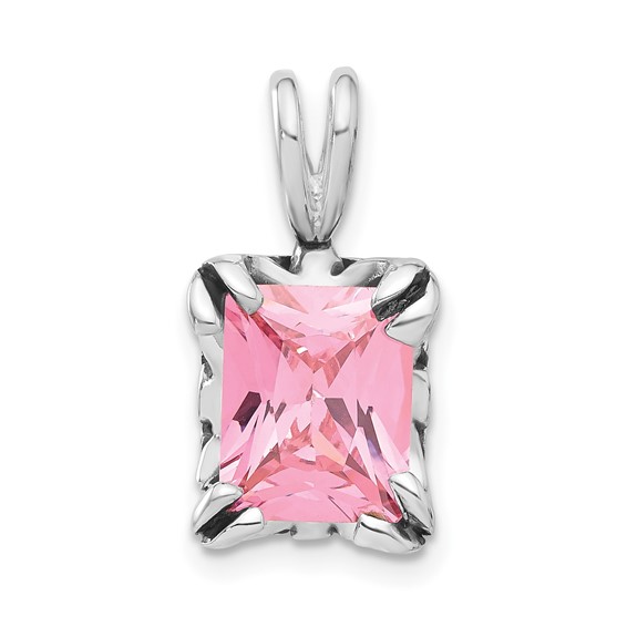 Sterling Silver Antiqued Emerald Shaped Pink CZ Pendant