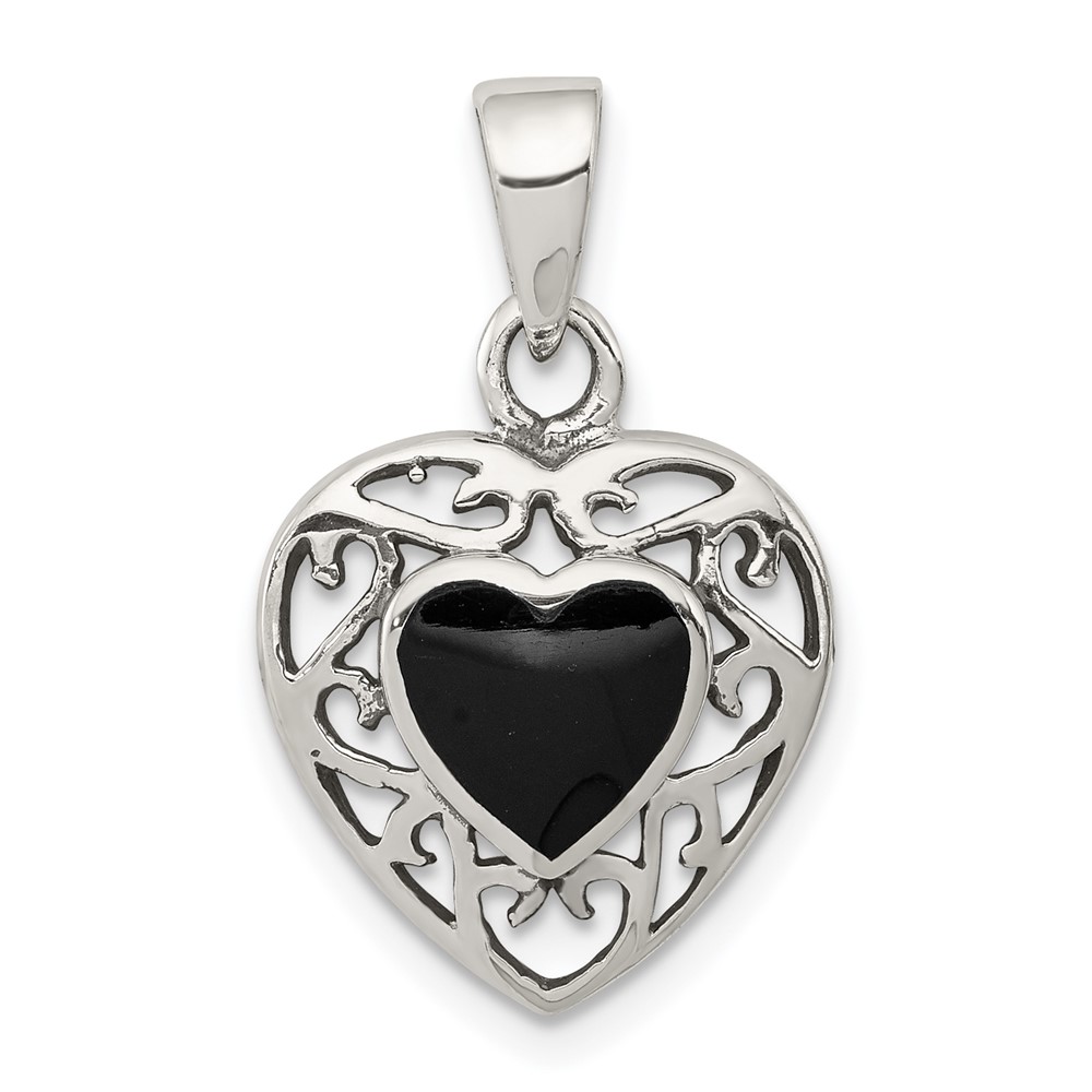Sterling Silver Antiqued Filigree Frame Onyx Heart Pendant