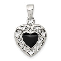 Sterling Silver Antiqued Filigree Frame Onyx Heart Pendant view 1