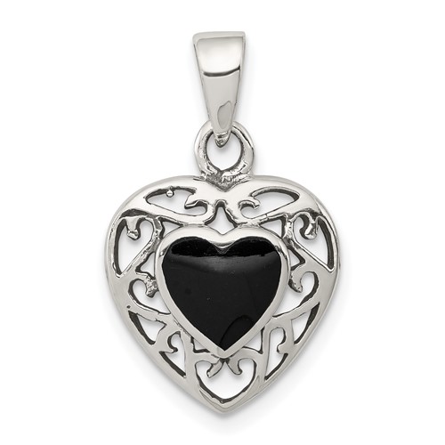 Sterling Silver Antiqued Filigree Frame Onyx Heart Pendant
