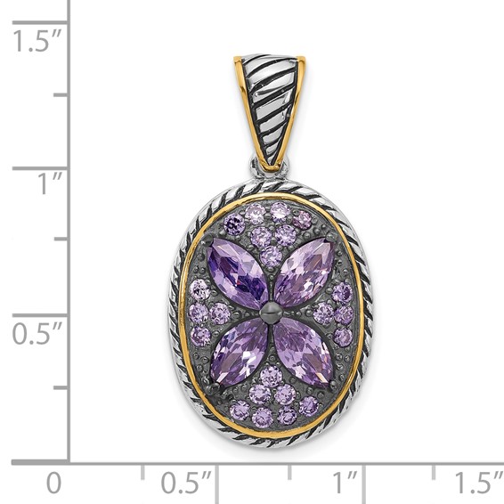 Sterling Silver and Flash Gold-plated with Black Rhodium Polished and Antiqued Purple CZ Flower Oval Pendant