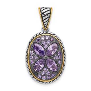 Sterling Silver and Flash Gold-plated with Black Rhodium Polished and Antiqued Purple CZ Flower Oval Pendant