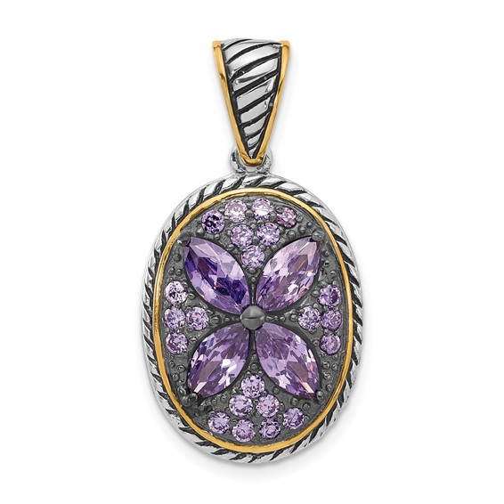 Sterling Silver and Flash Gold-plated with Black Rhodium Polished and Antiqued Purple CZ Flower Oval Pendant
