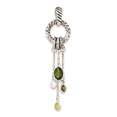 Sterling Silver Antiqued Brown Green Yellow Clear CZ Pendant