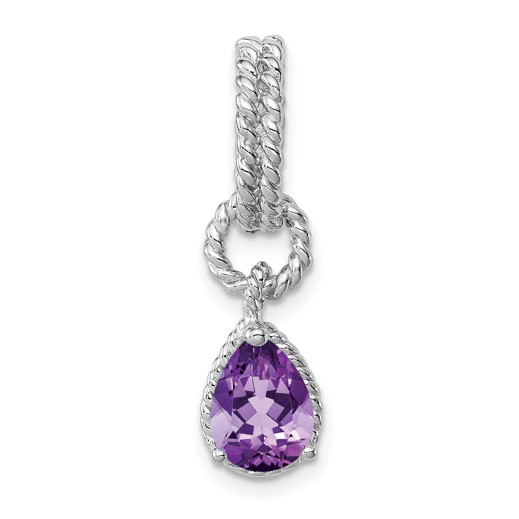 Sterling Silver Rhodium Amethyst Pear Twisted Pendant (QP2888AM)