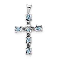 Sterling Silver Rhodium Plated Diamond & Aquamarine Cross Pendant view 3