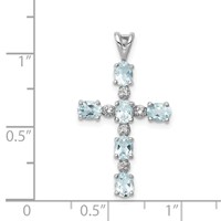Sterling Silver Rhodium Plated Diamond & Aquamarine Cross Pendant view 4