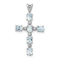 Sterling Silver Rhodium Plated Diamond & Aquamarine Cross Pendant view 1
