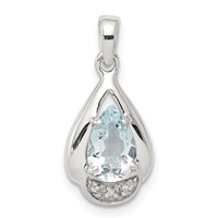 Sterling Silver Rhodium Plated Diamond and Aquamarine Pendant view 1
