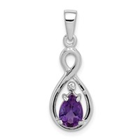 Sterling Silver Rhodium Plated Diamond and Amethyst Teardrop Pendant view 1