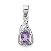Sterling Silver Rhodium Plated Diamond and Amethyst Oval Pendant view 1