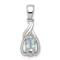 Sterling Silver Rhodium Plated Dia. & Aquamarine Oval Pendant view 1