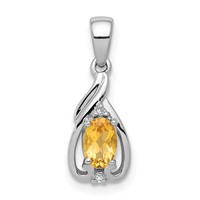 Sterling Silver Rhodium Plated Diamond & Citrine Oval Pendant view 1