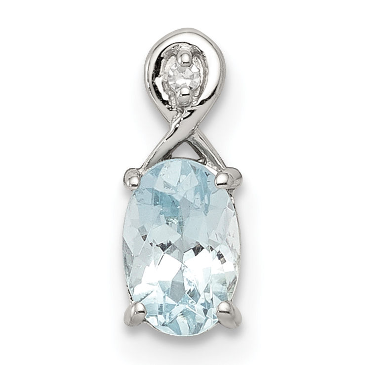 Sterling Silver Rhodium Plated Dia. & Aquamarine Oval Pendant (QP2984AQ)
