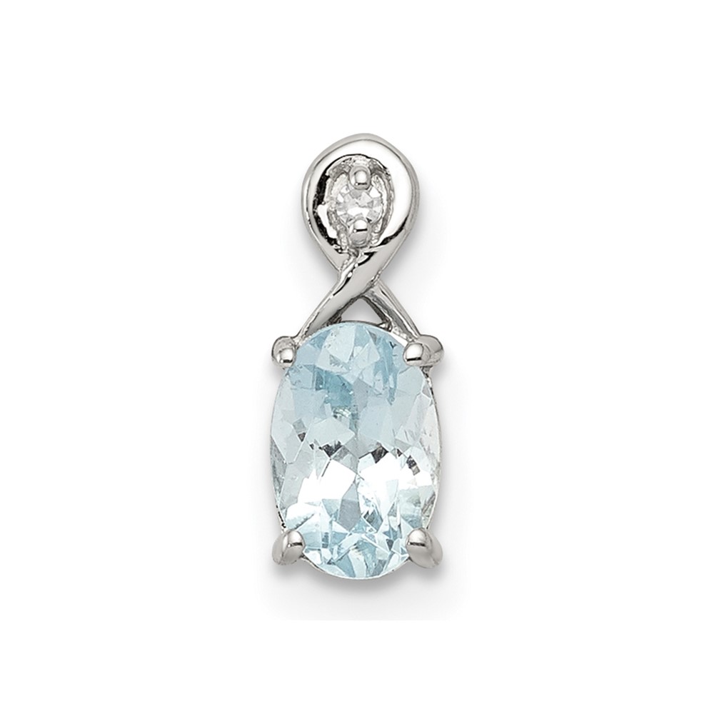 Sterling Silver Rhodium Plated Dia. & Aquamarine Oval Pendant (QP2984AQ)