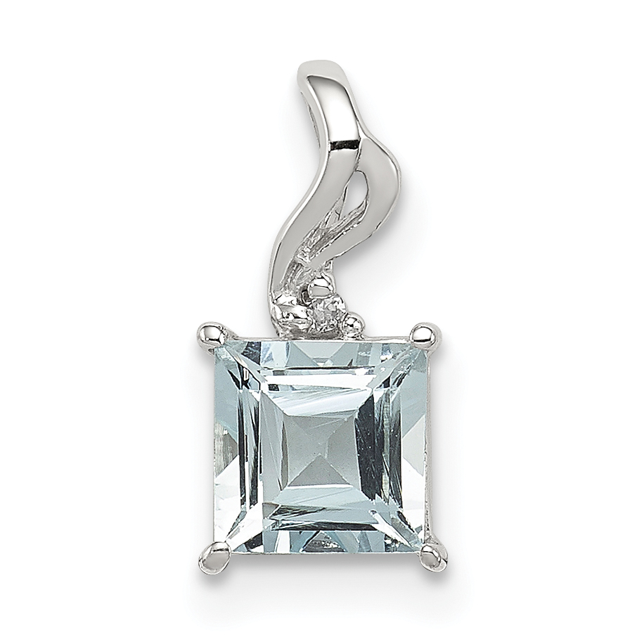 Sterling Silver Rhodium Plated Dia. & Aquamarine Square Pendant (QP2989AQ)