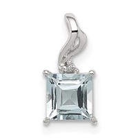 Sterling Silver Rhodium Plated Dia. & Aquamarine Square Pendant view 1