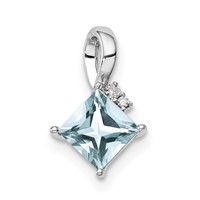 Sterling Silver Rhodium Plated Dia. & Aquamarine Square Pendant view 1