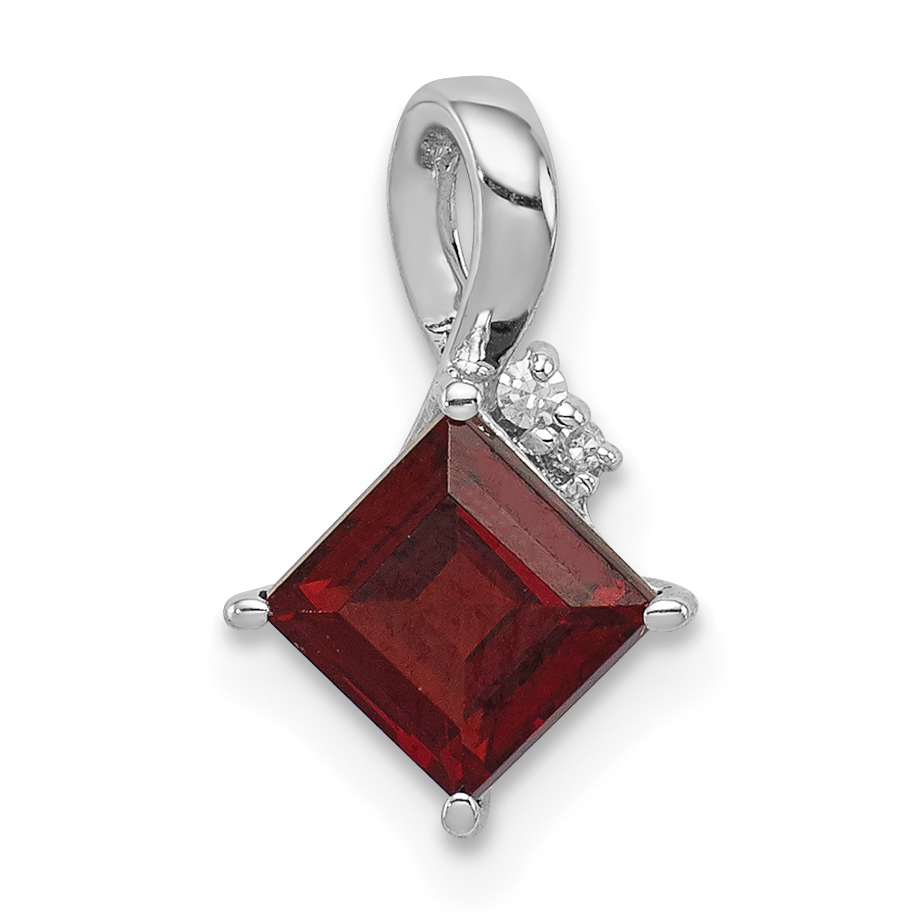 Sterling Silver Rhodium Plated Diamond & Garnet Square Pendant (QP2990GA)