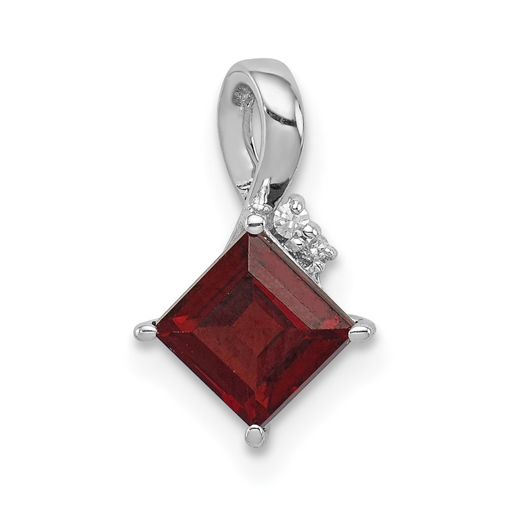 Sterling Silver Rhodium Plated Diamond & Garnet Square Pendant (QP2990GA)