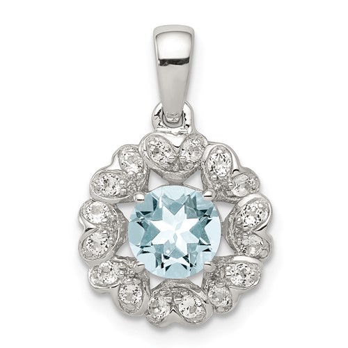 Sterling Silver Rhodium Plated White Topaz Aquamarine Pendant