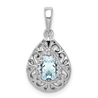 Sterling Silver Rhodium Plated Aquamarine Teardrop Pendant view 1