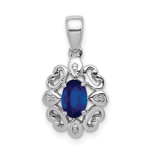 Sterling Silver Rhodium Plated Diamond & Sapphire Oval Pendant
