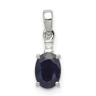 Sterling Silver Rhodium Plated Diamond & Sapphire Oval Pendant