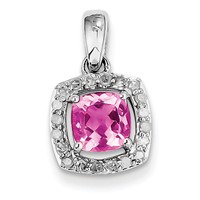 Sterling Silver Rhodium-plated Diamond & Pink Tourmaline Square Pendant view 1