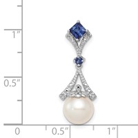 Sterling Silver Rhod Plated Dia. Created Sapphire FW Cultured Pearl Pendant view 3