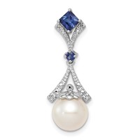 Sterling Silver Rhod Plated Dia. Created Sapphire FW Cultured Pearl Pendant view 1