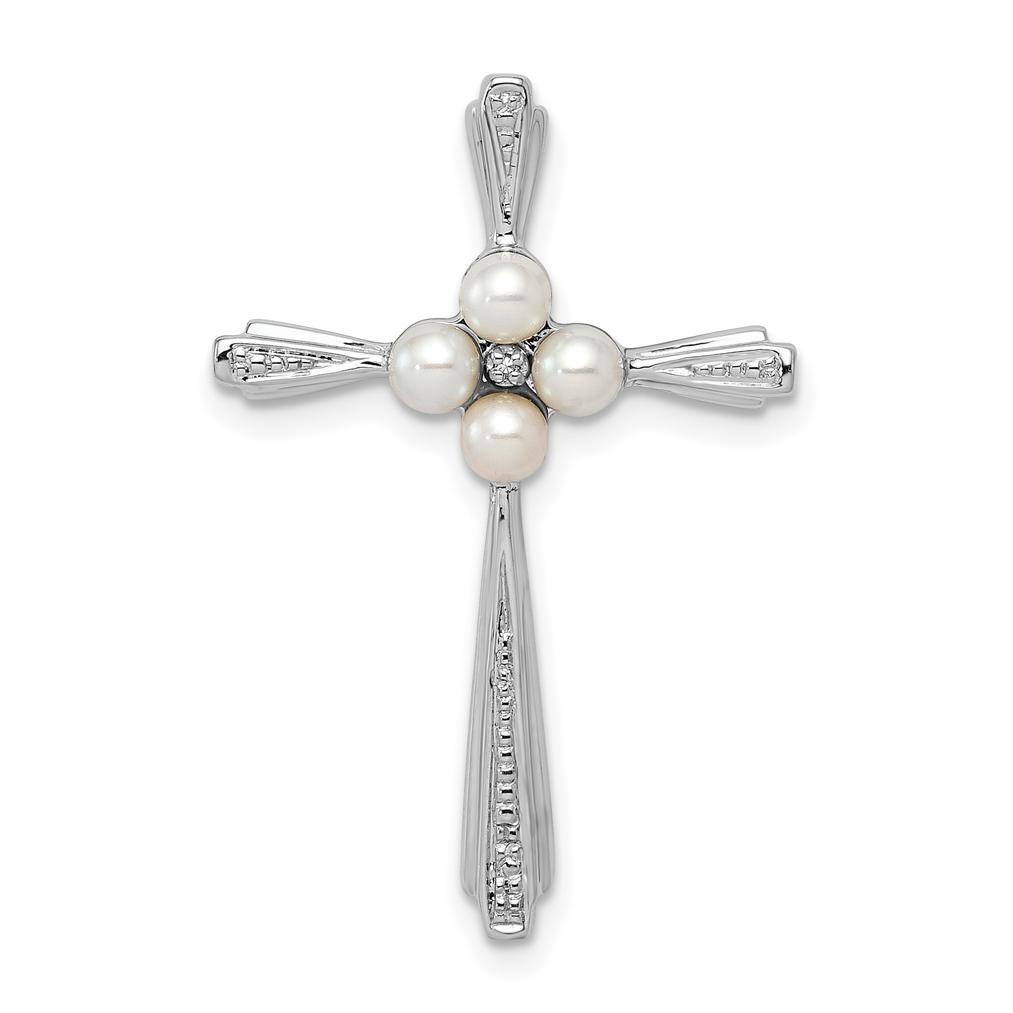 Sterling Silver Rhod Plated Diamond FW Cultured Pearl Cross Pendant (QP3189)